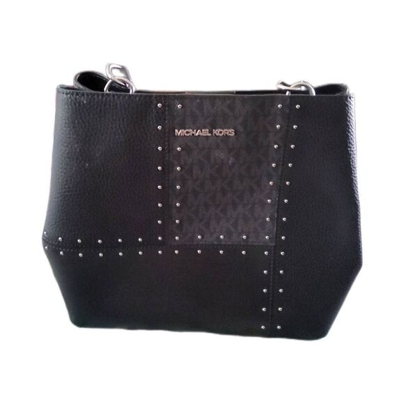 Michael Kors Handbags - MICHAEL KORS Pratt Medium Studded Black Patchwork Sig Logo Shoulder Bag